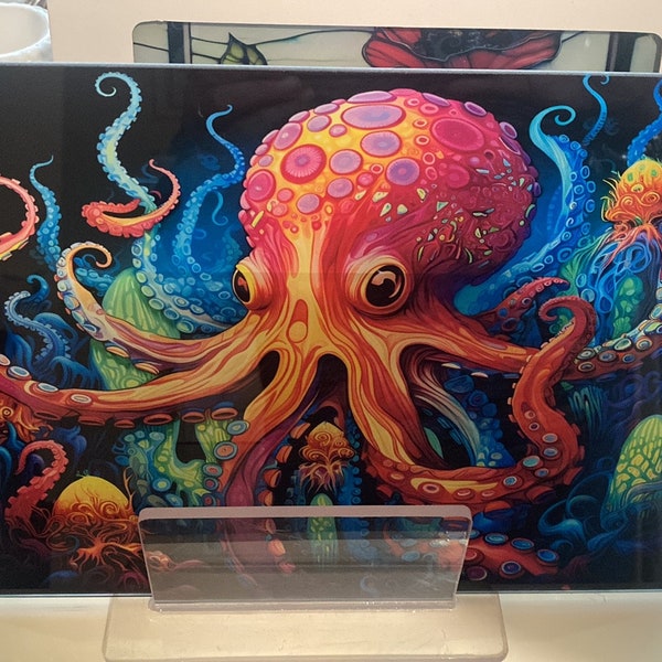 Bright Octopus Glass Board with stand - Cutting Board/Chopping Board/Home Decor
