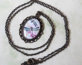 Ketting "libellen", brons, glas cabochon 18 x 25 mm