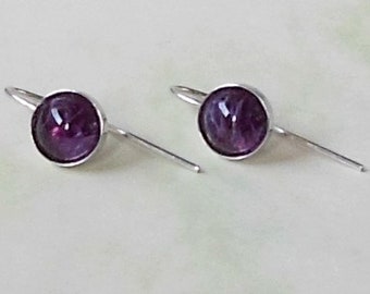 Echte zilveren oorbellen "Marble Purple", 925 sterling zilver rhodium-vergulde, glazen cabochons 8 mm