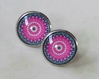 Roestvrijstalen stud oorbellen "Mandala", 1 paar, glazen cabochons 12 mm