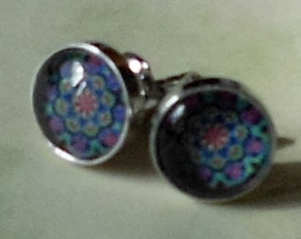 Echte Zilveren Studs "Kaleidoscope", 925 Sterling Zilver, Glazen Cabochon