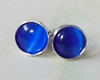 Echte zilveren stud oorbellen "Funkelblau", 925 sterling zilver rhodium-vergulde, glazen cabochon 8 mm