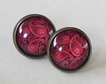 Studs "Paisley rood", 1 paar, brons, glazen cabochons 14 mm
