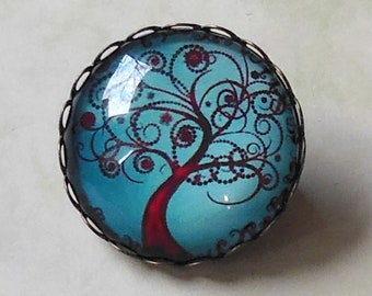 Brosche "Zauberbaum", bronze, Cabochons 25 mm, türkis