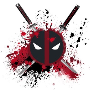 May include: A black and red Deadpool mask with two crossed swords behind it. The background is a white canvas with red and black splatters of paint.