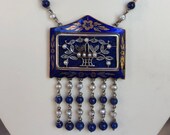 Antique 14k Yellow Gold Guilloche Floral Enamel Necklace with Diamonds, Lapis and Seed Pearls