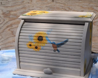 Sunflower Upcycled Bread Box, Eco Friendly Hand Painted Kitchen Decor, Hand Painted Wooden Bread Box with Sunflowers and Birds, Gift Ideas