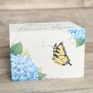 Caja de recetas de hortensias, cocina floral azul personalizada, regalo de despedida de soltera para ella
