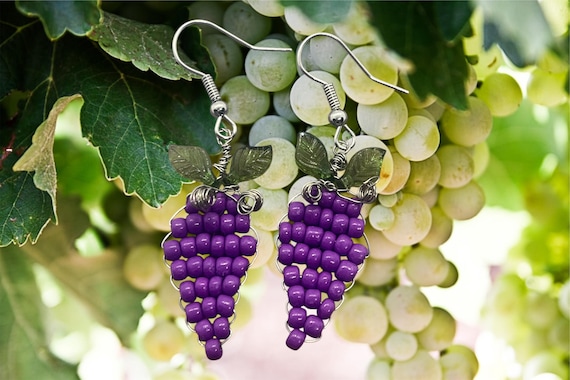 Handmade Grape Earrings: Beaded Fruit Jewelry With Acrylic Leaves