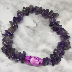 Amethyst Chip Bracelet: OOAK Gemstone Jewelry with Alcohol Ink Bead