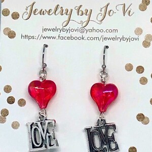 Love Dangle Earrings: Silver LOVE Charm, Red Heart - Valentine&#39;s Jewelry