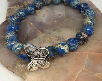 Butterfly Bracelet, Butterfly Jewelry, Stretch Bracelet, Blue Aquaterra, Blue Aquaterra Bracelet, Gemstone Bracelet, Gemstone Jewelry