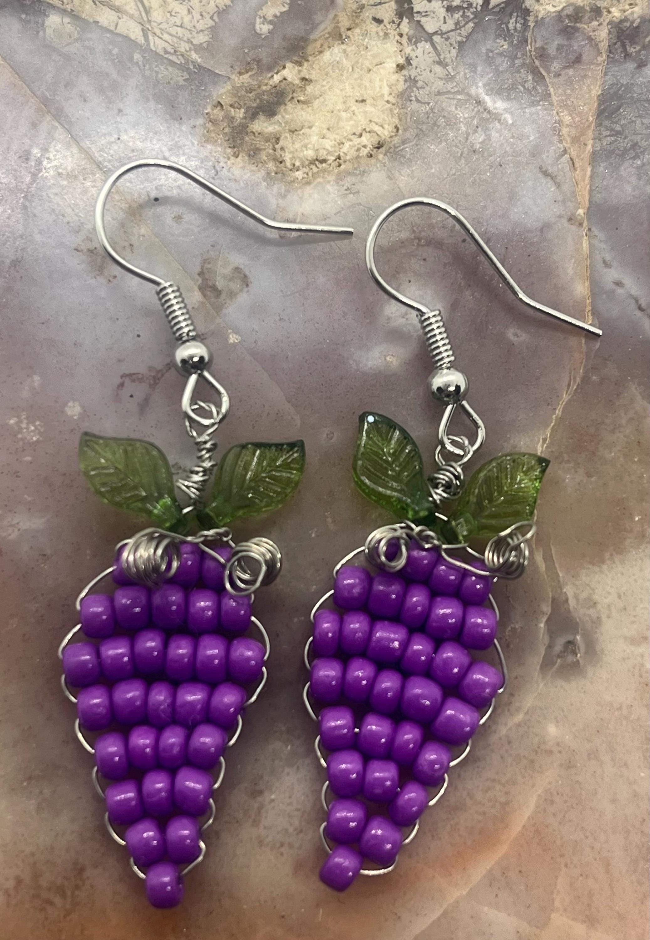 SEA 14k フルーツピアス GRAPES Handmade Grape Earrings: Beaded Fruit Jewelry With Acrylic Leaves