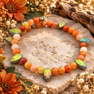 May include: A circular bracelet featuring a series of round orange, peach, and red beads interspersed with iridescent green leaf-shaped beads. The jewelry piece is arranged in a loop, showcasing a mix of warm-toned spherical stones and metallic-finish foliage accents.