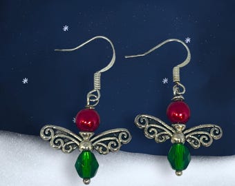 Christmas Angel Earrings: Red Pearl & Crystal Holiday Jewelry
