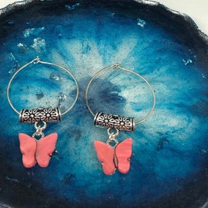 Butterfly Earrings, Butterfly Jewelry, Hoop Earrings, Dangle Earrings, Butterflies, Pink Coral, Pink Coral Earrings, Pink Coral Jewelry
