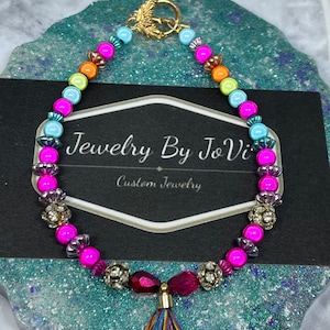 Colorful Beaded Toggle Bracelet with Tassel: Bright OOAK Jewelry