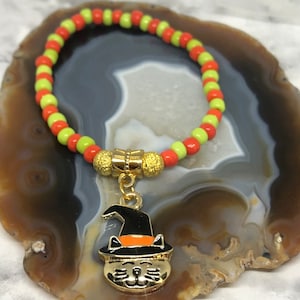 Halloween Bracelet: Witch Cat Enamel Charm, Glass Seed Beads