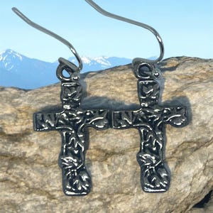 Handmade Silver-Tone Cross Earrings: Etched Vine Dangle Jewelry