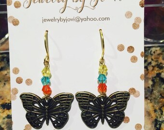 Handmade Butterfly Dangle Earrings: Bronze Charms & Crystal Beads