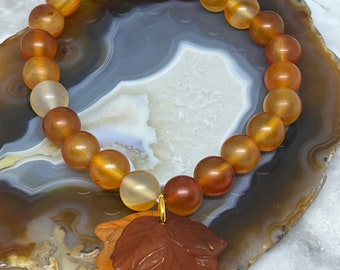 Carnelian Beaded Stretch Bracelet with Acrylic Leaf Charms