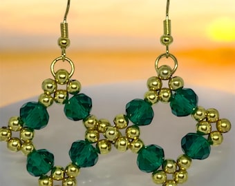 Handmade Gold & Emerald Green Crystal Dangle Earrings