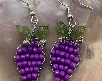 Handmade Natural Gemstone Beaded Grape Cluster Earrings – Silver Plated – Gift For Her