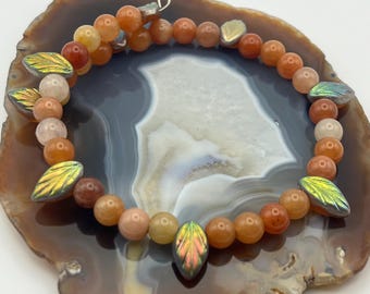 Autumn Gemstone Bracelet: Handmade Iridescent Leaf Charm Boho Jewelry