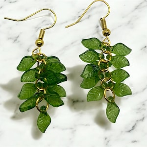 Green Leaf Dangle Earrings – Nature Inspired Jewelry with Gold Hooks | Handmade Lightweight Acrylic Leaf Earrings | Boho Forest Style