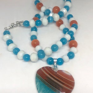Agate Heart Pendant Necklace: Striped Gemstone, Cat Eye Beads, Silver Clasp