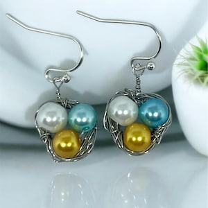 Handmade Bird Nest Earrings: Wire Wrapped Pearl Eggs, Nature Jewelry
