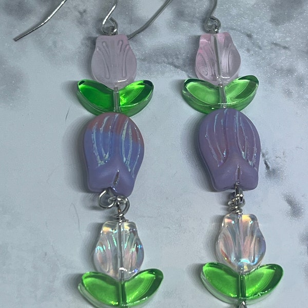 Sparkling Tulip Delight: Long Dangle Czech Glass Earrings for Spring or Anytime