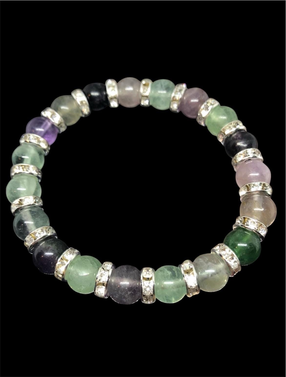 Braccialetto di FLUORITE MULTICOLORE de qualité A - Perle rotonde de 8mm - Pietra naturale - Gioiello Artigianale (20cm