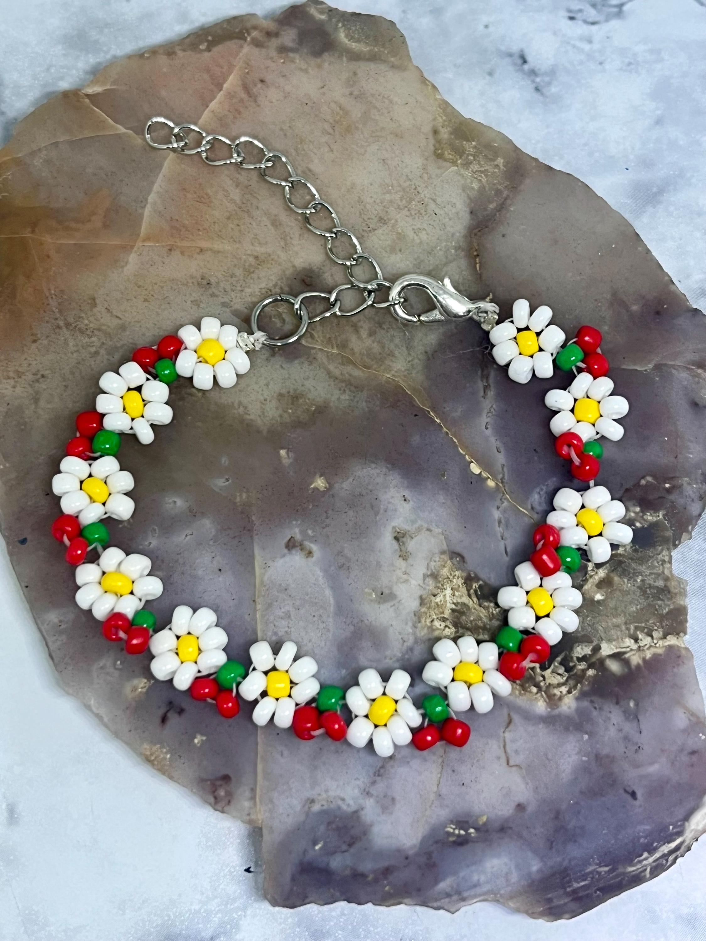 Daisy and Cherry Beaded Bracelet: Handmade Summer Seed Bead