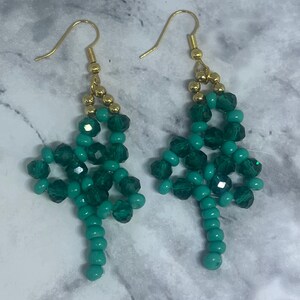Handmade Beaded Shamrock Earrings, St Patricks Day Green Crystal Jewelry, Lucky Clover Dangle Earrings