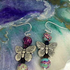 Butterfly Earrings, Butterfly Jewelry, Butterfly Dangles, Dangle Earrings, Butterflies, Galaxy Sea Sediment Jasper, Butterfly, Gemstones