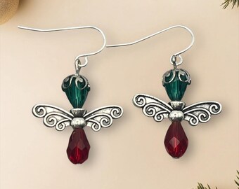 Pendientes de ángel navideños • Pendientes colgantes de ángel con cristales rojos y verdes • Joyería navideña • Pendientes de ángel de la guarda • Regalo de Navidad para ella