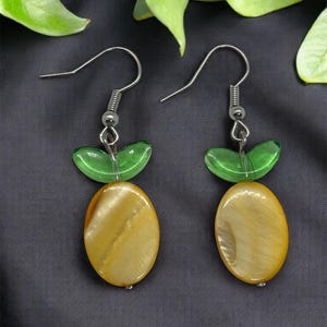 Lemon Drop Earrings: Mother of Pearl, Green Leaf Dangles