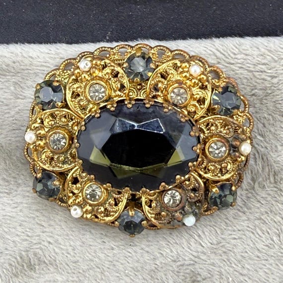 Vintage West Germany Brooch Rhinestone Gold Tone