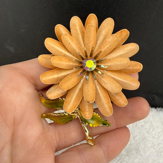 Vintage Coro Flower Brooch Enamel AB Rhinestone Gold Tone