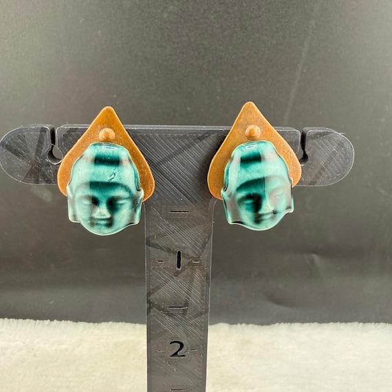 Vintage Ceramic Buddha Head Earrings Teal Copper Screw Back