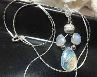 Moonstones with sterling silver, gemstone necklace, necklace, handmade, necklace, rainbow moonstone, glossy blue, high chain, necklace