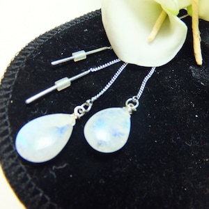 Pietre di luna, orecchini a catena, orecchini, gioielli da sposa, orecchini con pietre preziose argento, blu lucido, fatti a mano