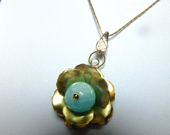 Golden flower necklace with a real faceted larimar, for wedding (something blue), communion, confirmation, gift, 1AAA quality,