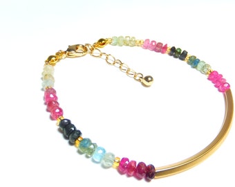 Tourmaline bracelet AAA, faceted, narrow. in bold neon colours. The middle part is made of a matt gold-plated part, very modern and classy,