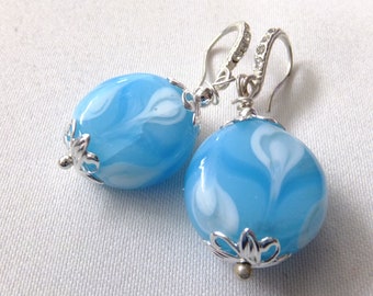 Earrings Murano glass, hand-painted, with light and medium blue with silver bead caps, earrings, earrings are diamond-coated, silver-plated,