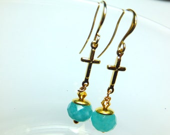 Larimar14k earrings with cross golden brisures, faceted pearls, coveted, Atlantis stone, delicate, but very valuable Edeldtein