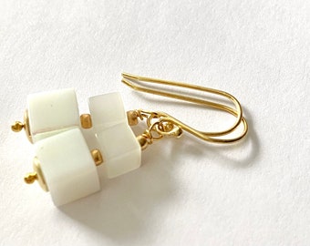Square super white earrings with 24k. Gold leverbacks and pearl caps, wedding, communion, confirmation, every occasion, beautifully shiny,