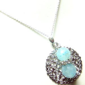 Aquamarijn aan een 70 cm lange 925 sterling zilveren ketting, ketting, edelsteenketting aan een zilveren ornament