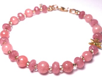 Rhodochrosite bracelet, best AAA quality small faceted pearls and small pearls with golden intermediate beads, delicate, precious and beautiful.